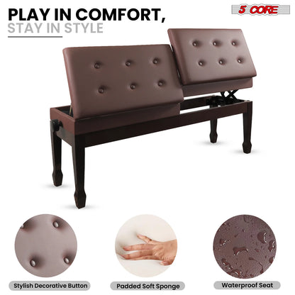 5CORE Duet Piano Bench W Storage for Two Wooden Adjustable Keyboard Stool - Adults & Kids