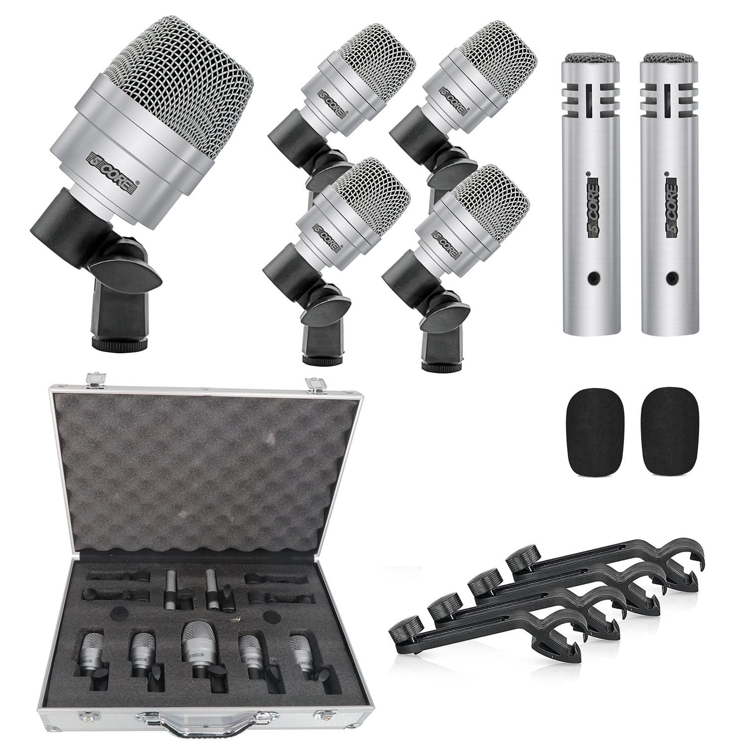 5Core Drum Mic Kit 7 Pcs Kick Basstom Snare Dynamic Microphone Instrument Mics Set Silver