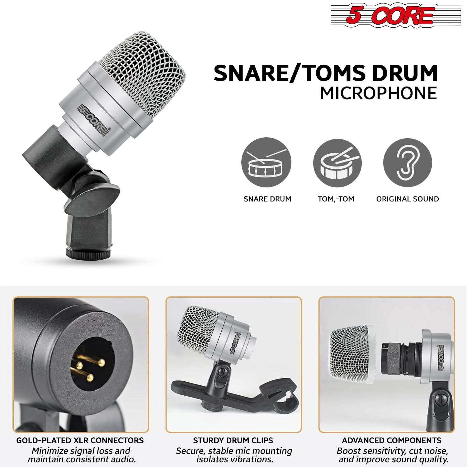 5Core Drum Mic Kit 7 Pcs Kick Basstom Snare Dynamic Microphone Instrument Mics Set Silver