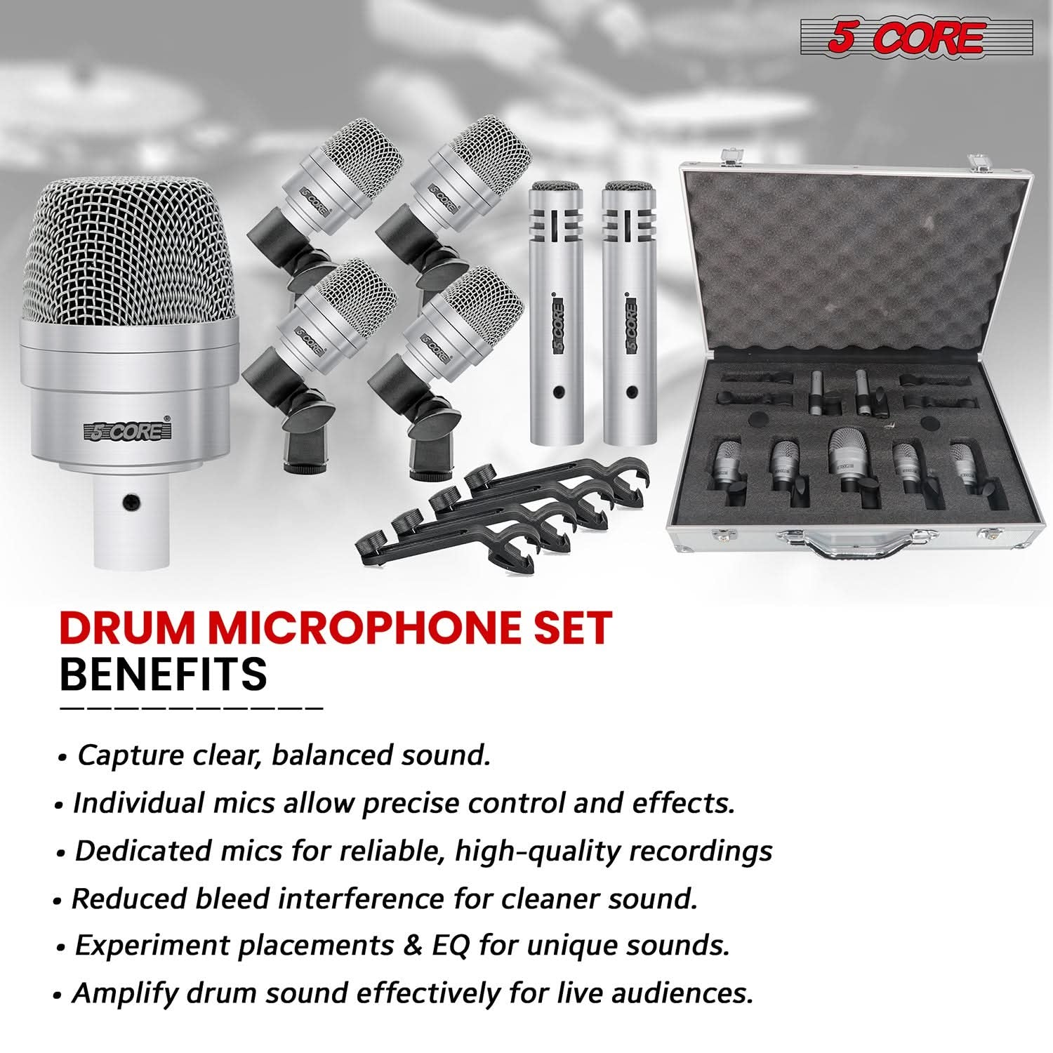 5Core Drum Mic Kit 7 Pcs Kick Basstom Snare Dynamic Microphone Instrument Mics Set Silver